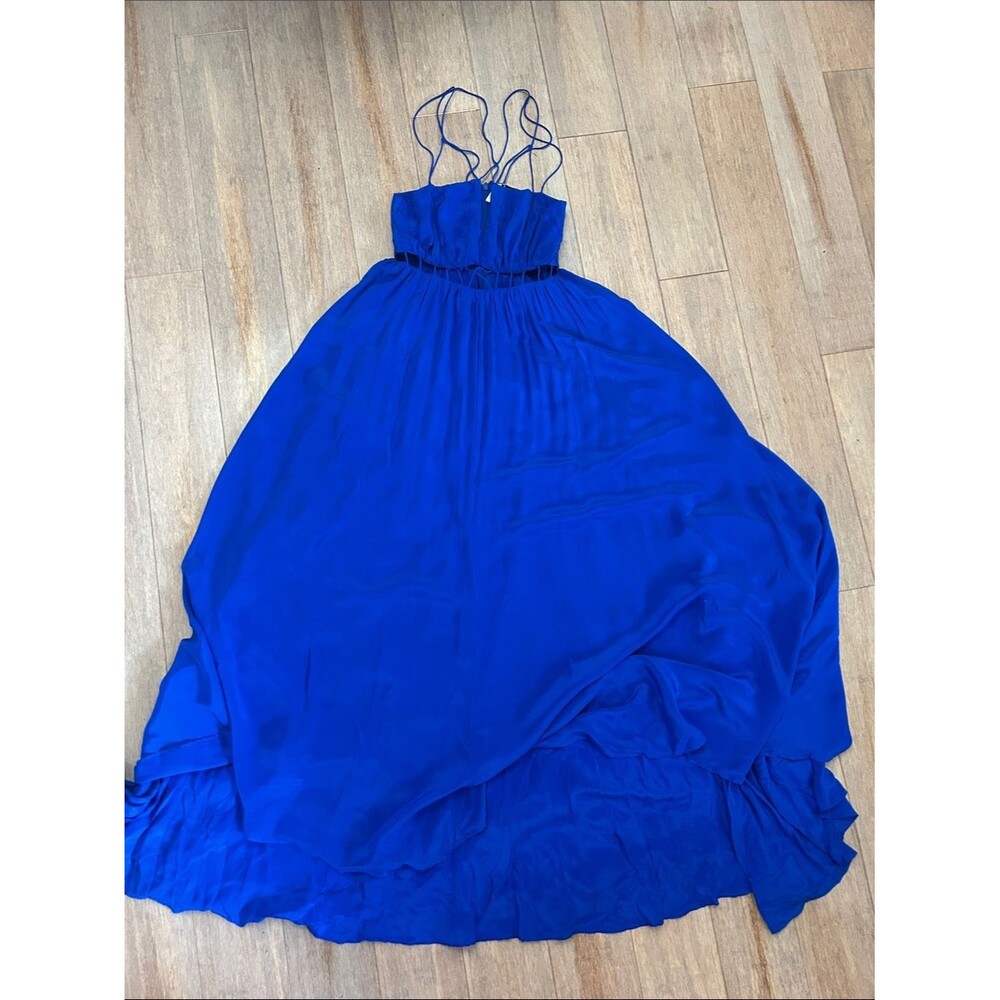 VTG Topshop Silk Strappy Cutout Blue Maxi Dress double layer skater skirt sz 4